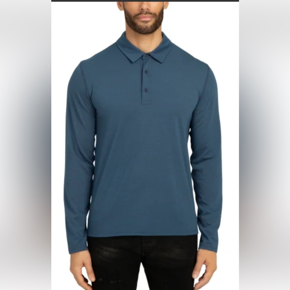Boston Traders Mens Blue Merino Wool Blend Long Sleeve Polo Shirt Base Layer SM